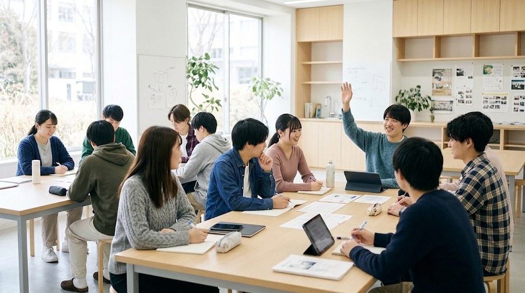 明るい部屋で学生たちが話し合い、一人が手を挙げている研修の様子