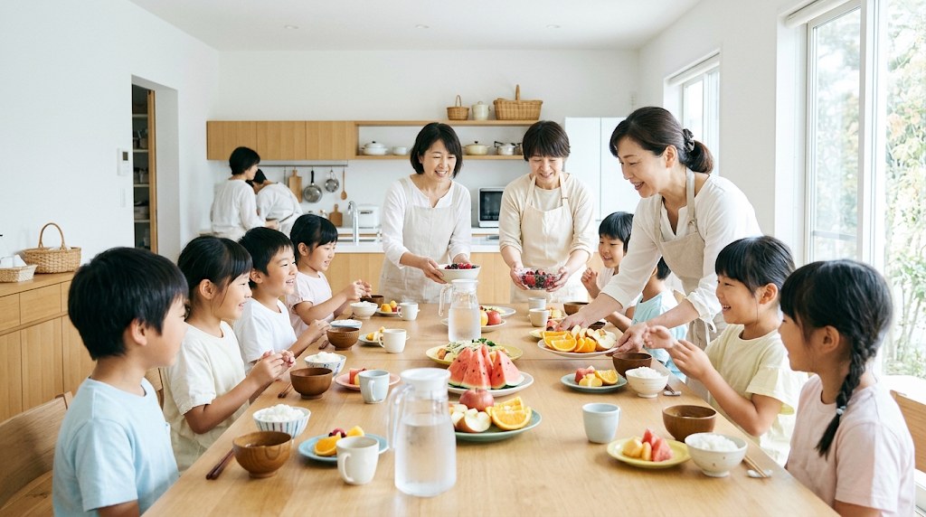 ボランティアが子どもたちに果物を配る、明るいこども食堂の様子