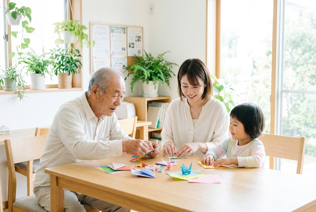 高齢の男性と若い女性、小さな子どもが、明るい部屋で一緒に折り紙を折っている様子