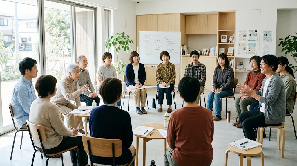 さまざまな世代の人が輪になって座り、意見を交わす地域の対話の場